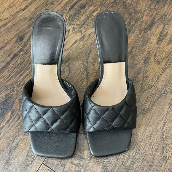 Women’s Square Toe Quilted Heel Mule Black Faux Leather Sz 8 - Picture 1 of 4